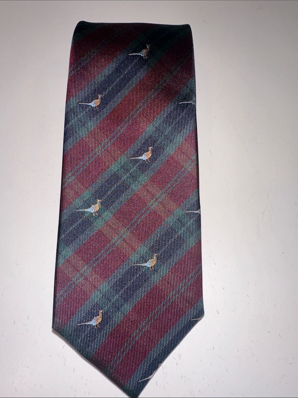 Paul Stuart Classic Striped Pheasant Motif Men's Tie - Maroon & Green
